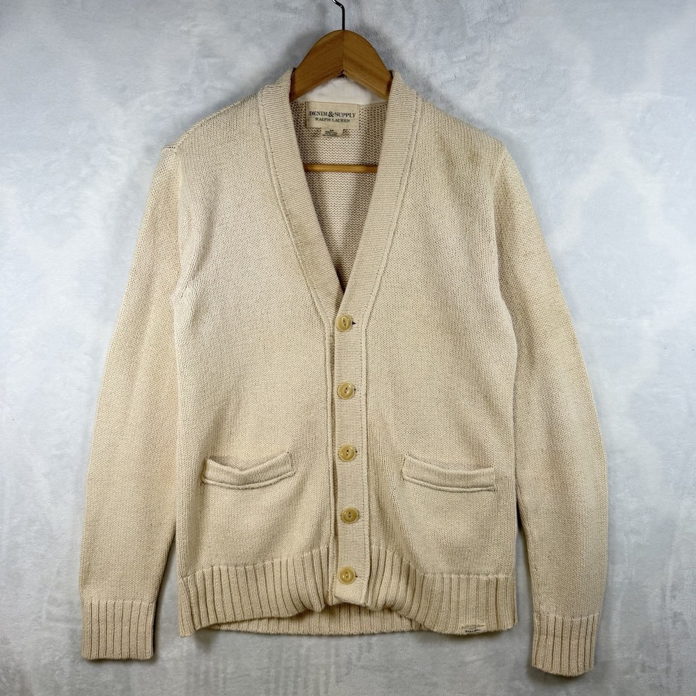 Denim & Supply Ralph Lauren Mens Small Beige Cotton Knit Shawl Collar Sweater